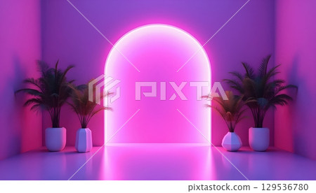 Violet Neon Showroom With Futuristic Abstract Decor And Plants 129536780