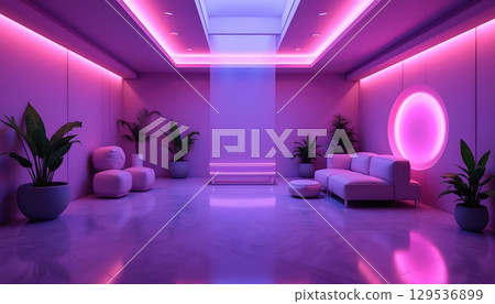 Futuristic Neon Interior Scene With Sculptural Decor Elements 129536899