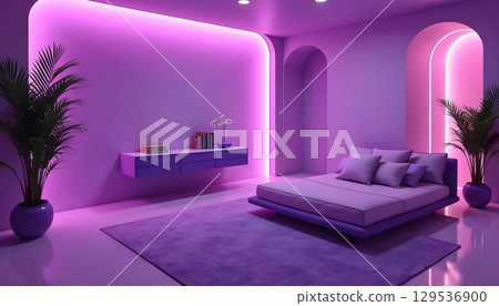 Stylized Modern Room With Glowing Purple Arch And Plant Vases Stylized Modern Room With Glowing Purple Arch And Plant Vases 129536900