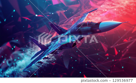 一架戰鬥機在近未來數位空間中飛行的背景影像 129536977