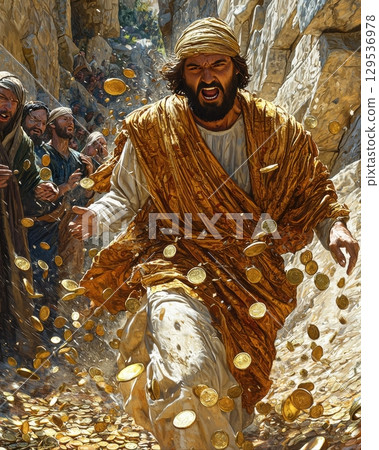 man dressed in golden robe runs joyfully through rocky canyon scattering gold coins around him. He is surrounded onlookers all captivated scene. 129536978