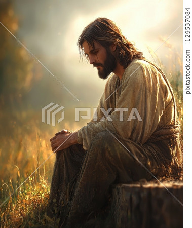 man long hair and beard sits quietly on log deep in thought while surrounded tall grass and soft sunlight during golden hour conveying peaceful atmosphere. 129537084