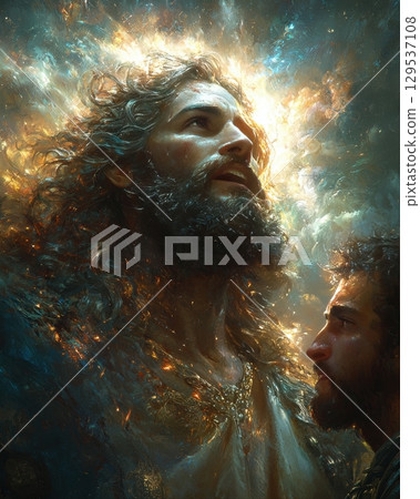 vibrant and detailed portrayal shows two figures one long hair and beard gazing upward. background shimmers celestial elements projecting mystical atmosphere. 129537108