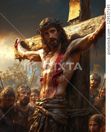 man crown of thorns is nailed wooden cross surrounded onlookers filled emotions. setting is dramatic landscape bathed in twilight. 129537145