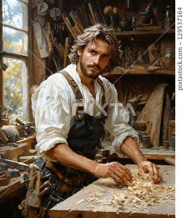 focused man works on wooden surface in workshop surrounded various tools and lit natural sunlight coming through window. Shavings scatter around him as he carves diligently. 129537164
