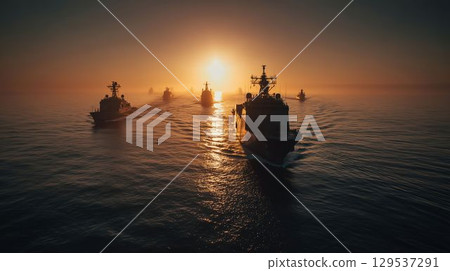 黎明時分，艦隊在海上航行的輪廓 129537291