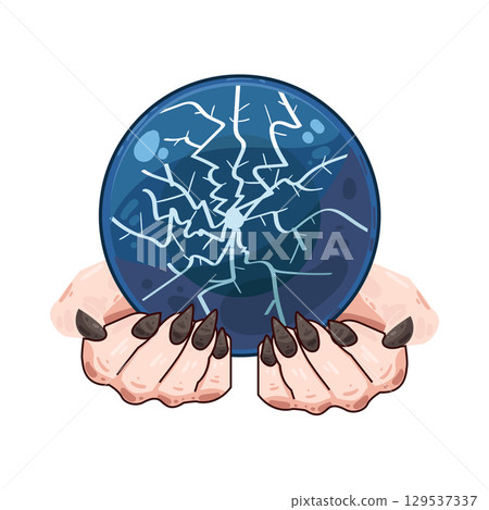 illustration of witch hand holding crystal ball 129537337