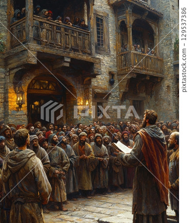 Many individuals are attentively listening speaker in cobblestone square surrounded medieval architecture. Warm lantern light illuminates area creating inviting atmosphere. 129537386