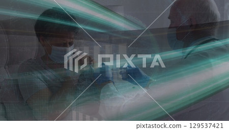 Image of globe and lines over caucasian doctor in face mask vaccinating woman Image of globe and lines over caucasian doctor in face mask vaccinating woman 129537421