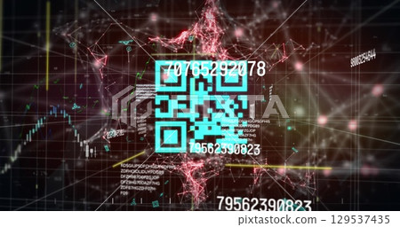 Image of qr code over numbers, graph, data and brown background Image of qr code over numbers, graph, data and brown background 129537435