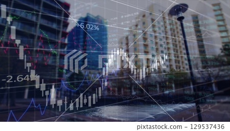 Image of financial data processing over cityscape Image of financial data processing over cityscape 129537436