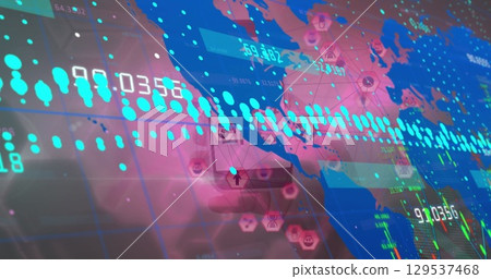Image of interface with data processing and globe of digital icons over hand holding smartphone 129537468