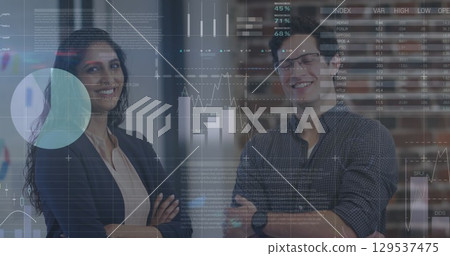 Statistical data processing over diverse male and female office colleagues smiling at office Statistical data processing over diverse male and female office colleagues smiling at office 129537475