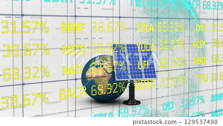 Image of data processing over globe and solar panel Image of data processing over globe and solar panel 129537498