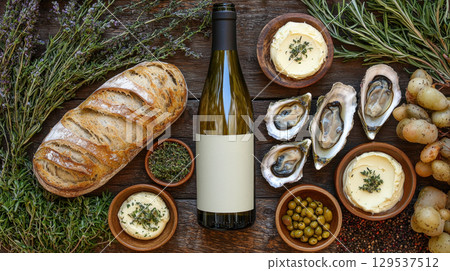 inviting display features selection of fresh oysters artisan bread bottle of wine and various herbs on rustic wooden table. Perfect for gourmet gathering. 129537512