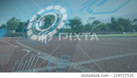 Image of digital interface over african american men with physical disability running Image of digital interface over african american men with physical disability running 129537526