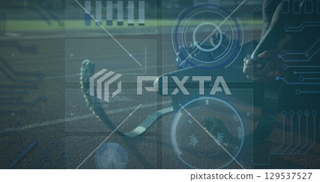 Image of digital data over african american disabled man training with running blade Image of digital data over african american disabled man training with running blade 129537527