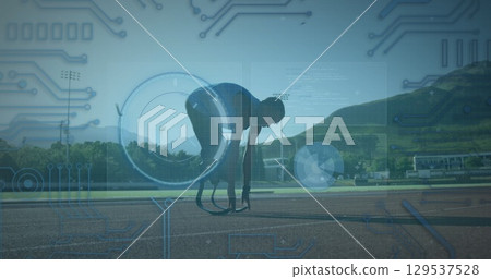 Image of data processing over disabled african american male runner 129537528