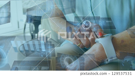 Image of data processing on digital screen over hands of caucasian woman using smartwatch 129537531