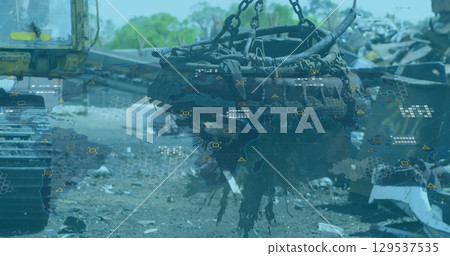 Image of virus cells over landscape with electricity pylons Image of virus cells over landscape with electricity pylons 129537535