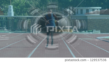 Image of digital interface over african american men with physical disability running Image of digital interface over african american men with physical disability running 129537536