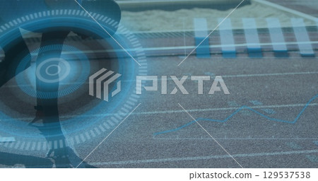 Image of digital interface over african american men with physical disability running Image of digital interface over african american men with physical disability running 129537538