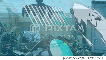 Hovering mechanical crane claw moving above scrap pile at scrap yard, with digital data overlay Hovering mechanical crane claw moving above scrap pile at scrap yard, with digital data overlay 129537541