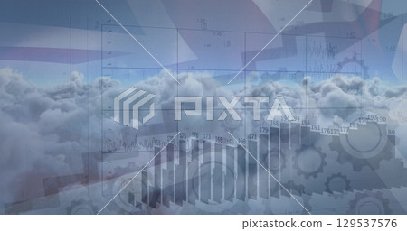 Image of financial graphs and arrows over clouds and great britain flag 129537576