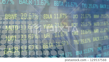 Image of financial data, graphs and caucasian businessman over solar panels 129537588