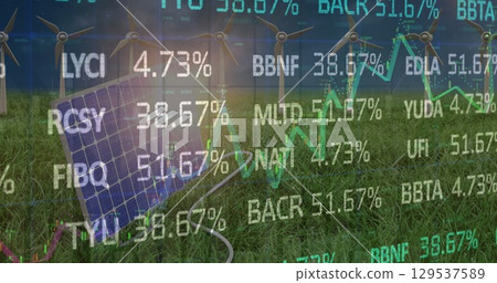 Image of financial data and graphs over solar panels 129537589