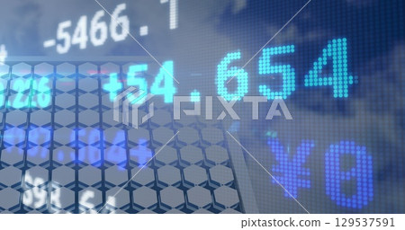Image of financial data and graphs over solar panels 129537591