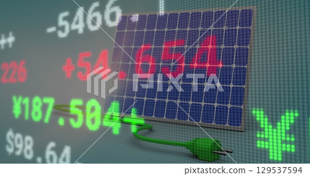 Image of financial data and graphs over solar panels Image of financial data and graphs over solar panels 129537594