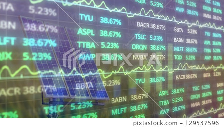Image of financial data and graphs over solar panels Image of financial data and graphs over solar panels 129537596