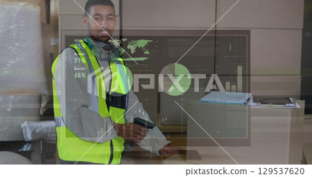 Image of statistical data processing over african american male worker scanning delivery boxes Image of statistical data processing over african american male worker scanning delivery boxes 129537620