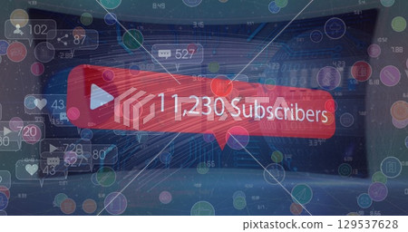 Speech bubble with subscribers text with increasing numbers against light trails over globe 129537628