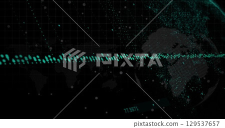 Digital image of data processing over world map and spinning globe against black background Digital image of data processing over world map and spinning globe against black background 129537657