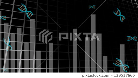 Digital image of multiple dna structures over statistical data processing on black background 129537660