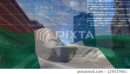 Image of data processing over nigeria flag against tall buildings 129537661