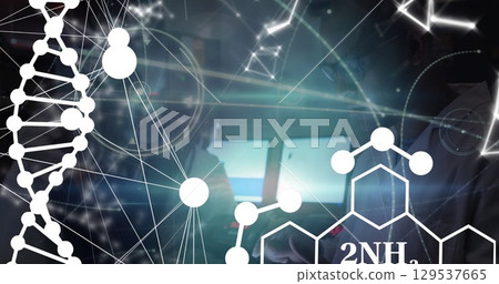 Image of dna and chemical structures over male scientist using digital tablet 129537665