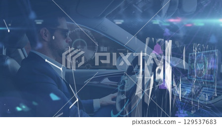 Image of network of connections and data processing against african american man driving a car 129537683