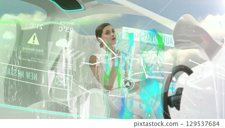 Image of data processing over caucasian businesswoman in modern car Image of data processing over caucasian businesswoman in modern car 129537684