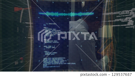 Image of interface with data processing against caucasian male engineer working at server room 129537687