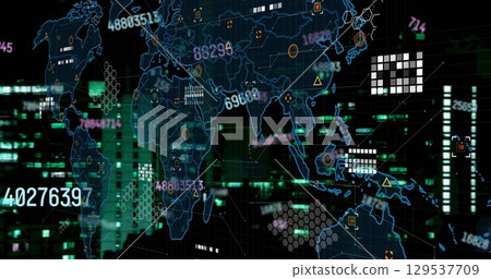 Image of numbers, icons and world map over black background Image of numbers, icons and world map over black background 129537709