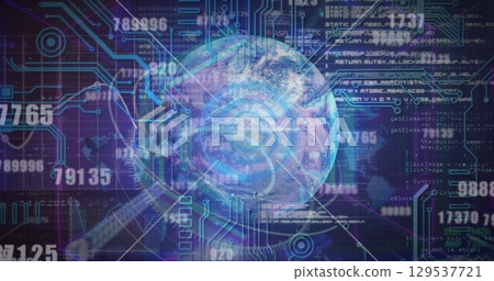 Image of changing numbers and microprocessor connections over globe against blue background 129537721