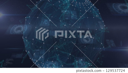 Image of globe of network of connections against data processing and round scanners Image of globe of network of connections against data processing and round scanners 129537724