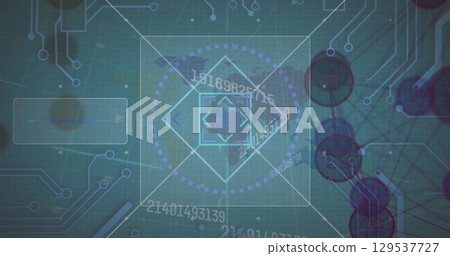 Image of changing numbers and microprocessor connections over world map against blue background 129537727