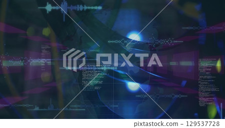 Image of lights, shapes and data processing in navy digital space 129537728