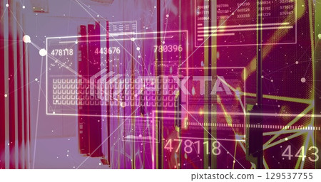 Image of data processing and network of connections over server room 129537755