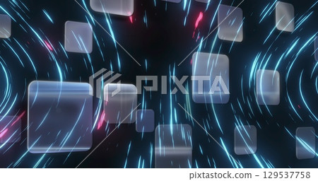 Image of squares and neon blue and pink lights moving fast over black background 129537758