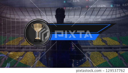 Image of data processing over male rugby player with ball at stadium Image of data processing over male rugby player with ball at stadium 129537762